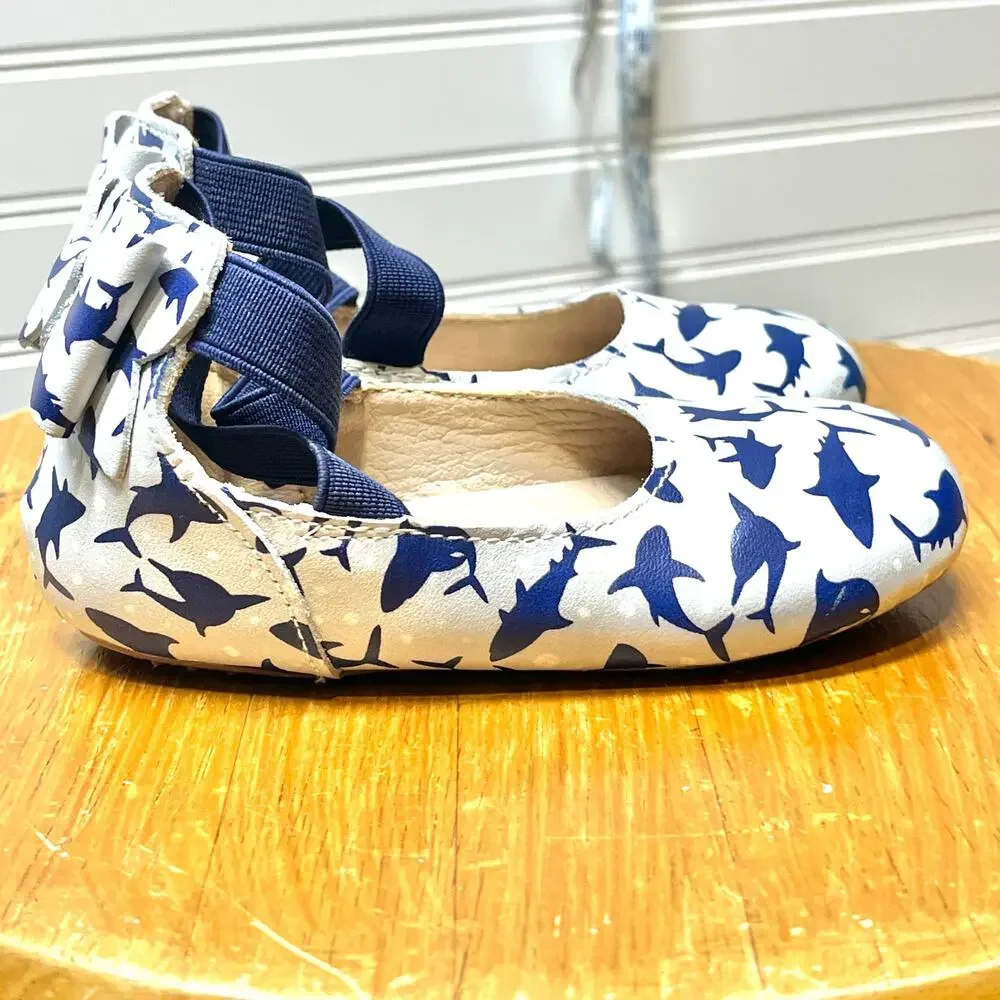 Monkey Feet Leather Ballet Flats with Back Bow & Shark Print Size 18-24 Months